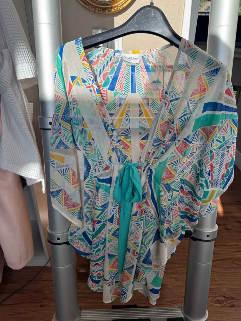 Beach Bunny Multicolor Geometric Sheer Swim Coverup with Teal Tie